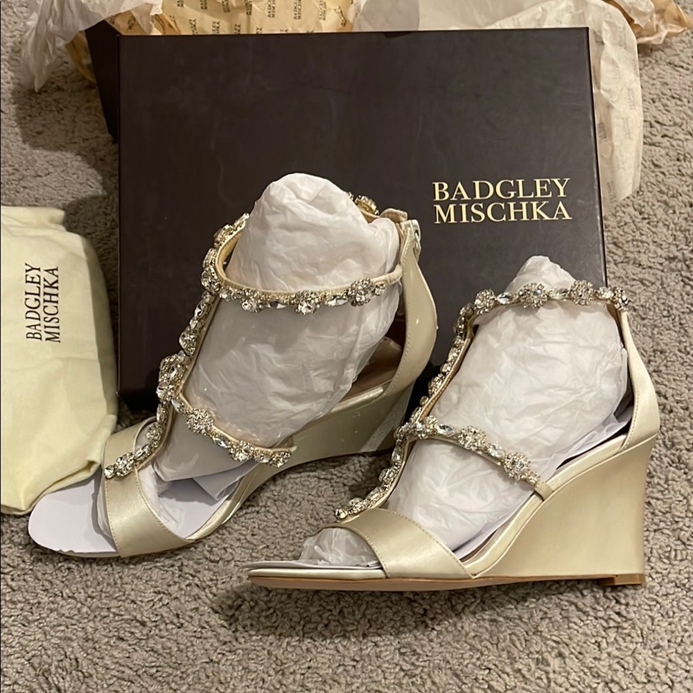 Badgley Mischka Cream Wedge Bridal Shoes with Crystal Embellishments